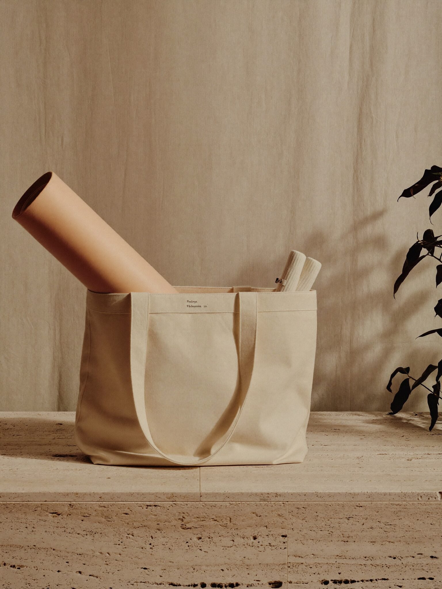 A cream canvas tote bag on a travertine plinth with a rolled blush mat inside